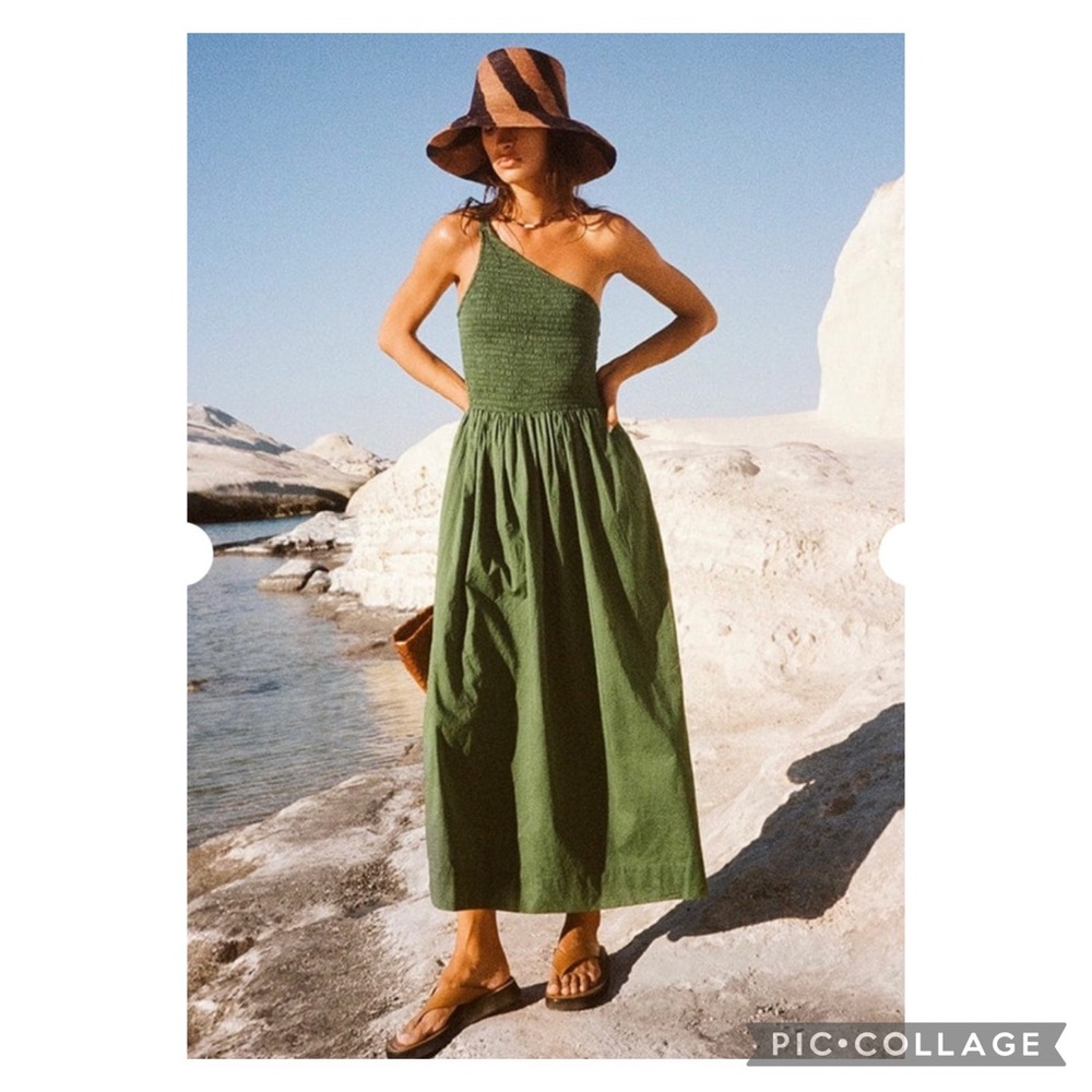 Faithfull the Brand Small Khalani Midi Dress Dark Green One Shoulder